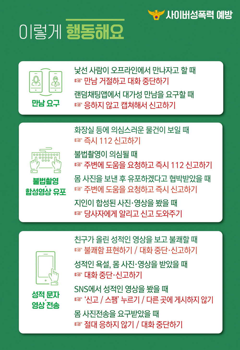 3. 이렇게 행동해요 (낯선 사람이 오프라인에서 만나자고 할 때 만남 거절하고 대화 중단하기 / 랜덤채팅앱에서 대가성 만남을 요구할 때 응하지 않고 캡쳐해서 신고하기 /  화장실 등에 의심스러운 물건이 보일 때 즉시 112 신고하기 / 불법촬영이 의심될 때 주변에 도움을 요청하고 즉시 112 신고하기 / 몸 사진을 보낸 후 유포하겠다고 협박을 받았을 때 주변에 도움을 요청하고 즉시 신고하기 / 지인이 합성된 사진, 영상을 봤을 때 당사자에게 알리고 신고 도와주기 / 친구가 올린 성적인 영상을 보고 불쾌할 때 불쾌감 표현하기, 대화중단,신고하기 / 성적인 욕설, 몸 사진, 영상을 받았을 때 대화중단, 신고하기 / SNS에서 성적인 영상을 봤을 때 신고, 스팸 누르기, 다른 곳에 게시하지 않기 / 몸 사진전송 요구받았을 때 절대 응하지 않기, 대화 중단하기)